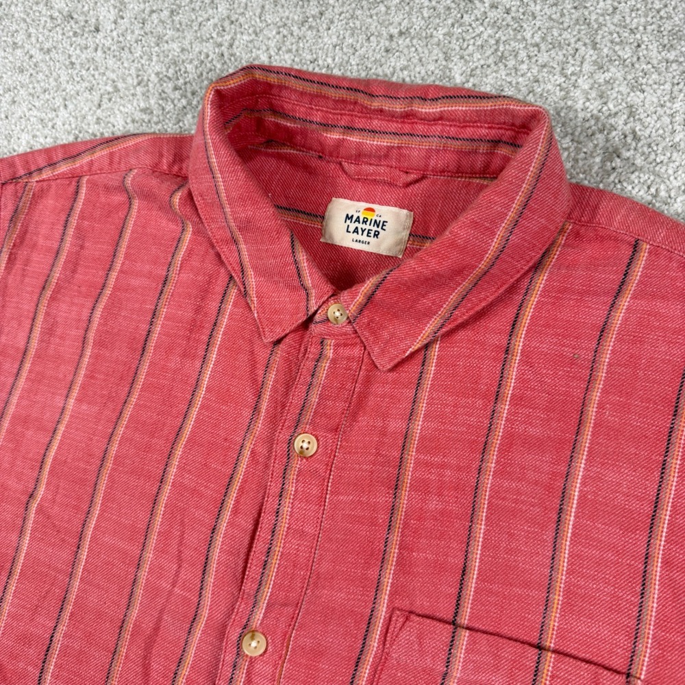Marine Layer Button Down Men Larger Red Striped Short Sleeve Cotton Shirt 14371
